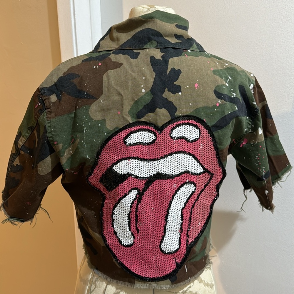 Sequins Rolling Stones Splatter Paint Army Indie Upcycle Cropped Jacket XS-Med